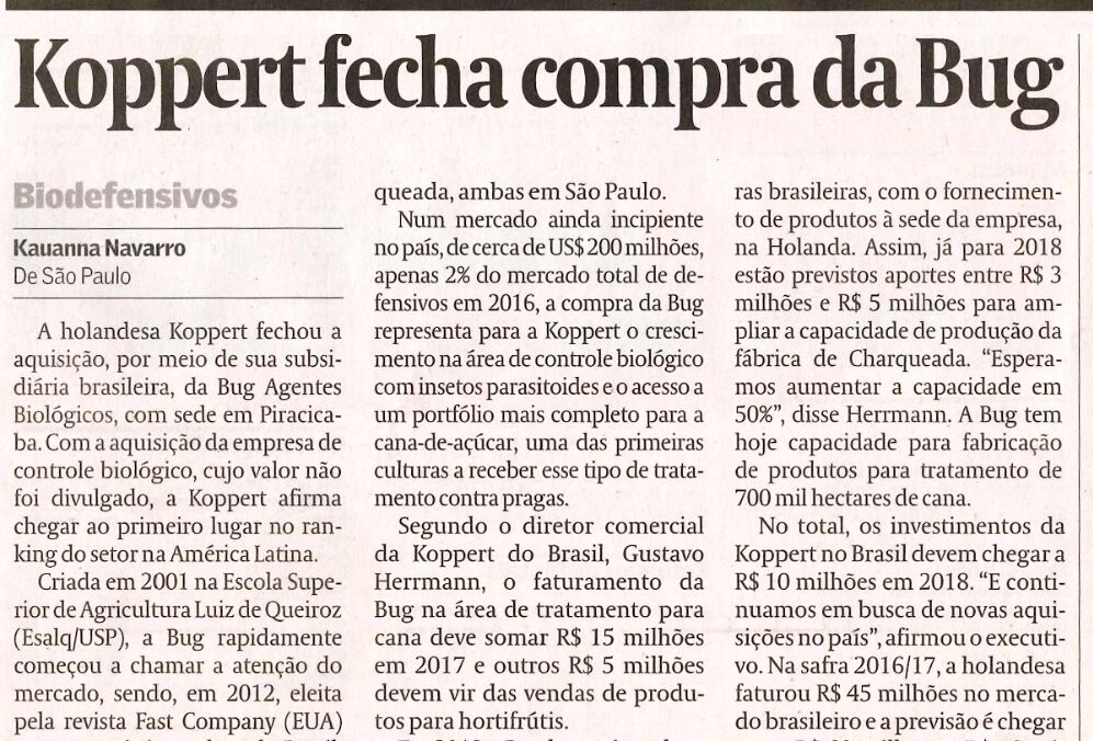 Aquisição da BUG Agentes Biológicos pelo grupo holandês Koppert Biological Systems